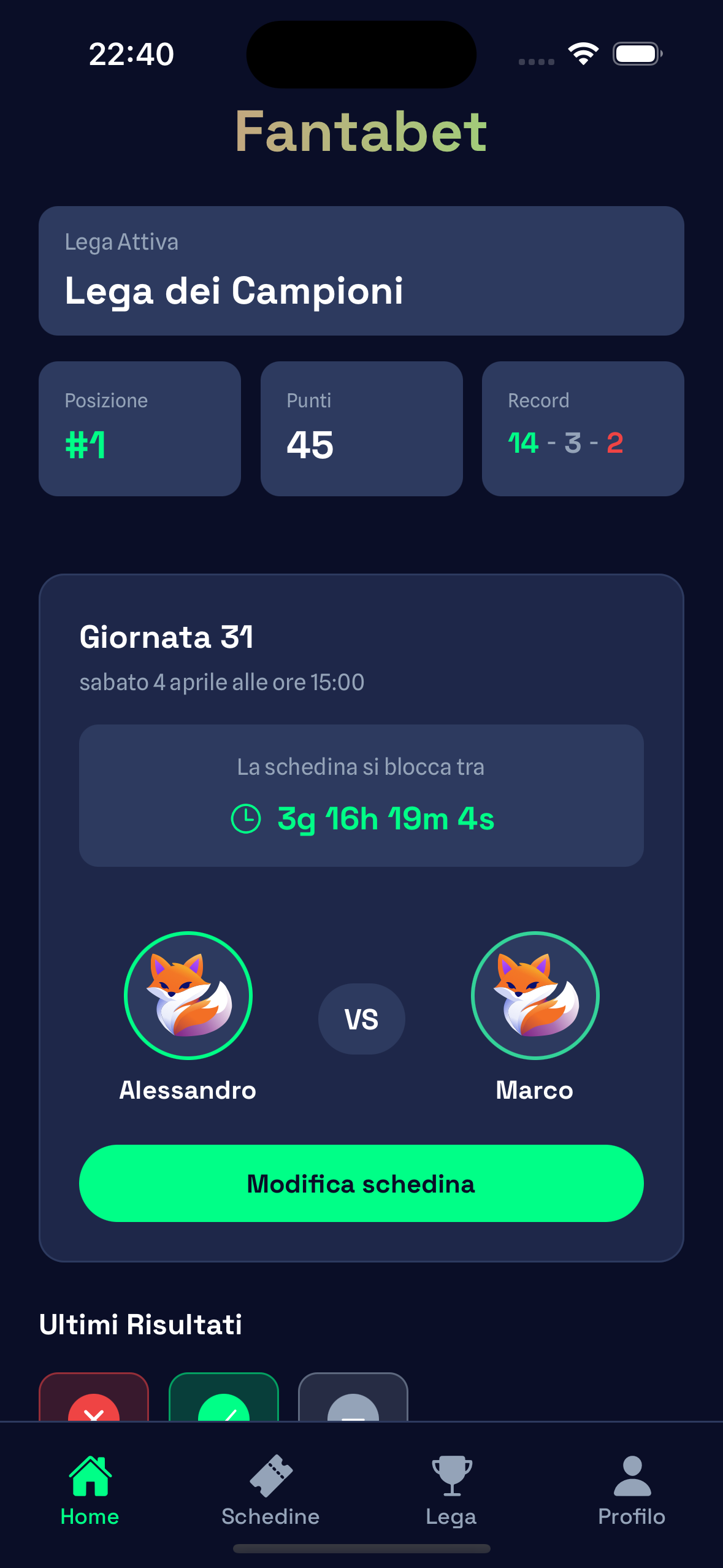 Fantabet app screenshot showing the match live